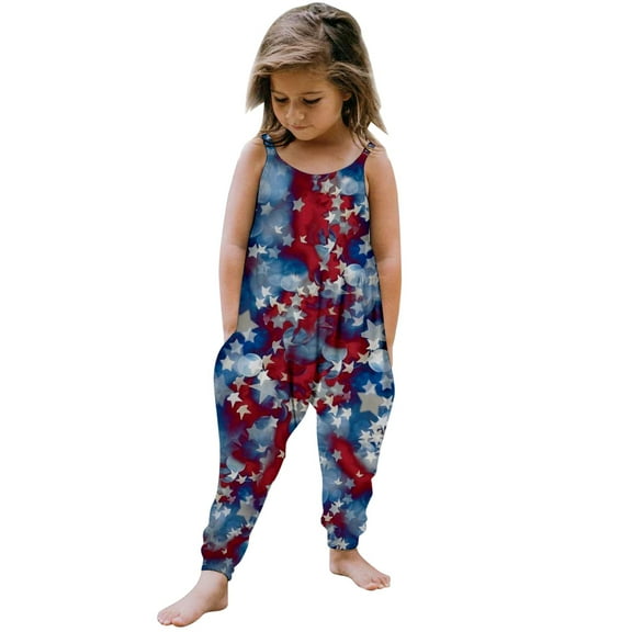 Ruyang 4th Of July Girls Jumpsuit Independence Day Clothes Kid American Flag Patriotic Summer USA Set Toddler Romper Sleeveless