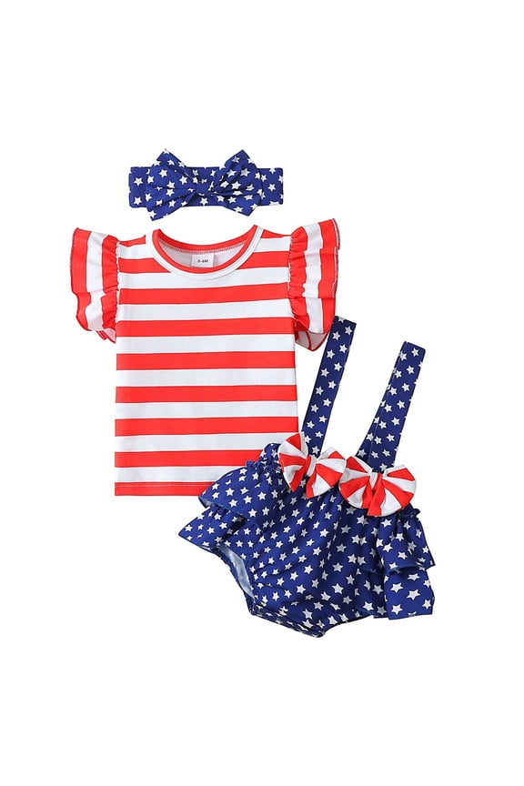 4th of July Baby Girl Outfit American Flag Short Sleeve T Shirt Tee Tops Suspender Bloomer Shorts Headband Set