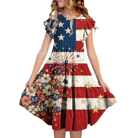 Ruyang 4th of July Dresses for Girls American Flag Floral Print Ruffle Sleeve Dresses Summer A-line Swing 250th Anniversary Dresses