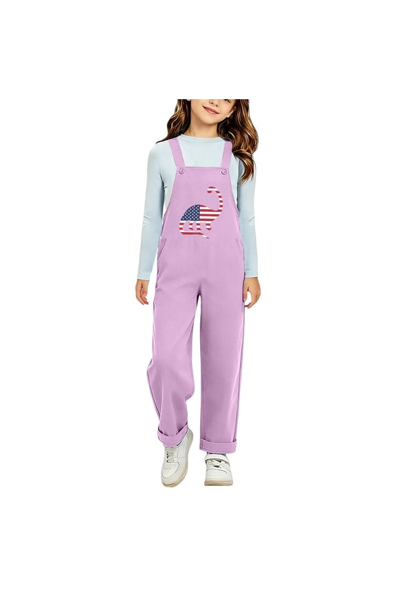4th of July Pants for Girls American Flag Dinosaur Print Overalls Teens Summer Straight Leg Patriotic Jumpsuit