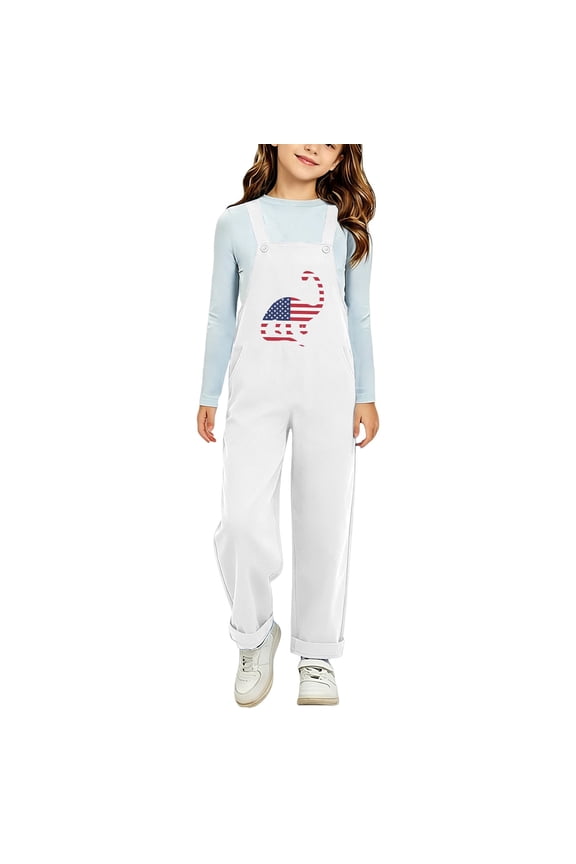 4th of July Pants for Girls American Flag Dinosaur Print Overalls Teens Summer Straight Leg Patriotic Jumpsuit