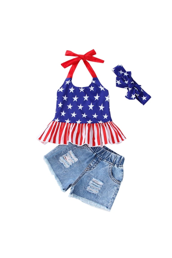 4th of July Toddler Baby Girl Outfit American Flag Ruffle Top Girls Ripped Jeans Denim Shorts Sets Summer Clothing