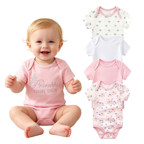 Ruyang 5 Piece Short Sleeved Bodysuit Set for Baby Girls Cotton Crewneck Romper Toddler Infant Lightweight Crawling Suit
