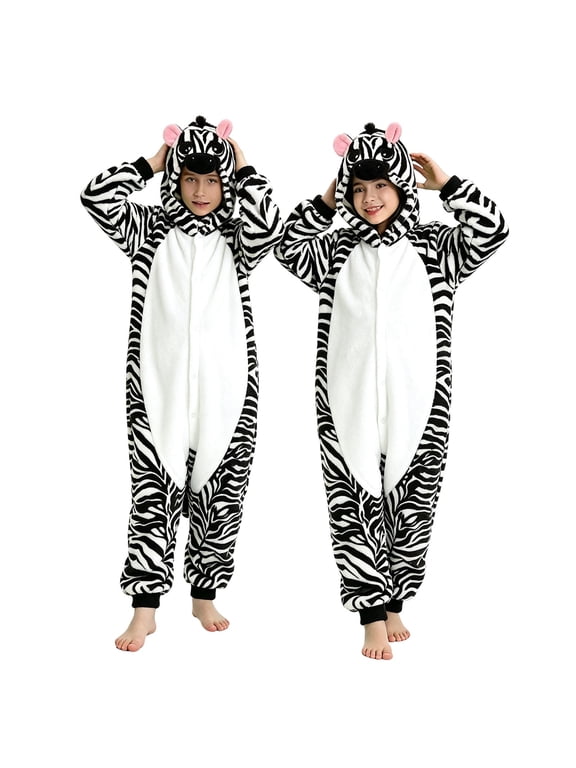 Animal Hooded Jumpsuit for Toddler Boys Girls Zebra Zipper Fleece Onesie Teen Kids Theme Party Drees Up Home Wear