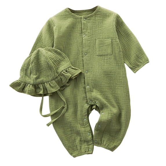 Ruyang Baby 2 Piece Outfits Cotton Linen Button-down Long Sleeve Bodysuits and Hat Summer Toddlers Casual Crawling Clothes
