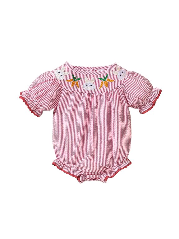 Baby Boys Girls Easter Outfit Ruffle Sleeve Bubble Clothes Bunny Carrot Embroidery Smocked Romper Birthday Jumpsuit