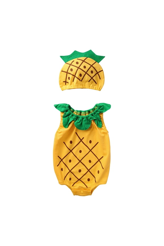 Baby Cute Fruit Dress up Bodysuit Sets Sleeveless Ruffle Print Bubble Romper & Hat Crawling Suit 2Pcs Outfits