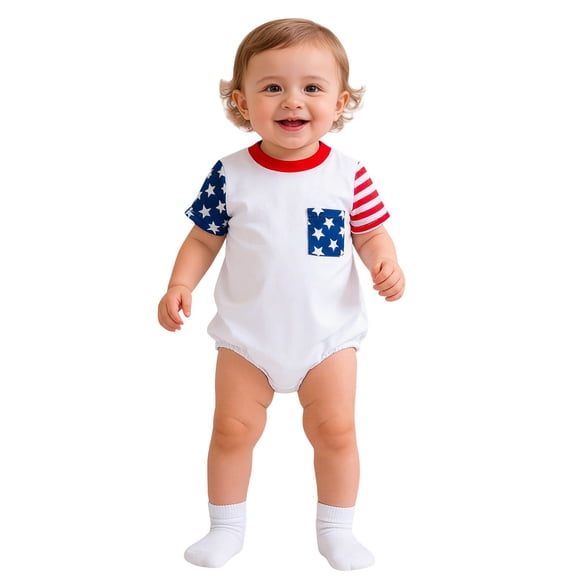 Ruyang Baby Girl 4th of July Romper for Baby Girl Star Striped Crewneck Bodysuit Short Sleeve Summer Casual Patriotic Onesie Romper