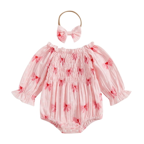 Ruyang Baby Girl Romper Ruffle Smocked Bubble Bodysuit Off Shoulder New Born Long Sleeve Flowers Printed Jumpsuit 2pcs