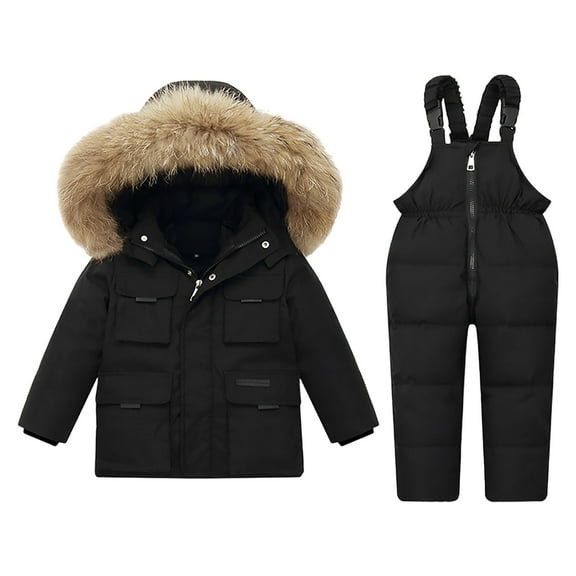 Ruyang Baby Girls 2 Piece Snowsuit Toddler Boys Winter Padded Puffer Snow Suit Hooded Ski Jacket Zip Up Bib Pants Set
