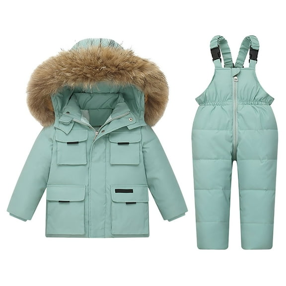 Ruyang Baby Girls 2 Piece Snowsuit Toddler Boys Winter Padded Puffer Snow Suit Hooded Ski Jacket Zip Up Bib Pants Set