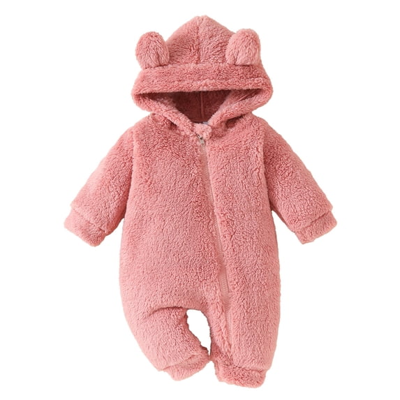 Ruyang Baby Girls Fleece Snowsuit New Born Boys Winter Warm Fuzzy Outfits Cute Bear Hooded 𝐎nesie Plain Zip Up Jumpsuit