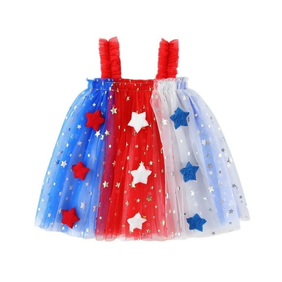 Ruyang Baby Girls Star Sequins 4th of July Dress Sleeveless Tulle Lightweight Flag Patriotic Summer Pleated Dresses Clothes