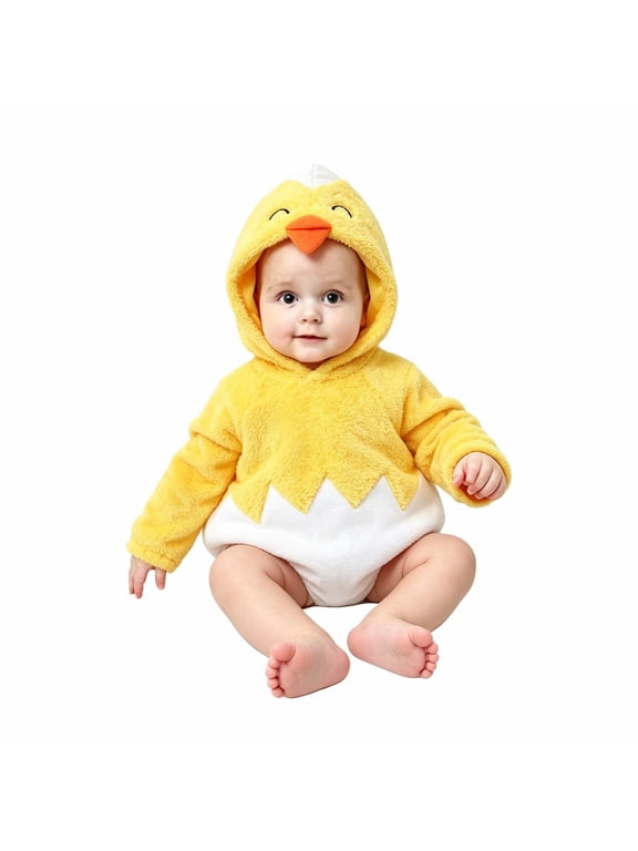 Baby Plush Hooded Romper Chick Long Sleeve Fleece Bodysuit Toddler Infant Warm Animal Outfit Fall Winter Clothes for Boys Girls