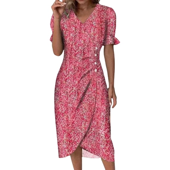 Ruyang Boho Dresses for Women, Women's 2024 Summer Casual Flutter Short Sleeve V Neck Hem Irregular Midi Dress Summer Beach Sundress