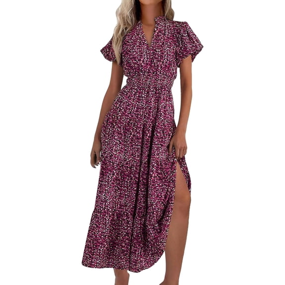 Ruyang Boho Maxi Dress Women's Summer Casual Dress V Neck Short Sleeve Ruffle Ruched Beach Boho Long Floral Maxi Sundress