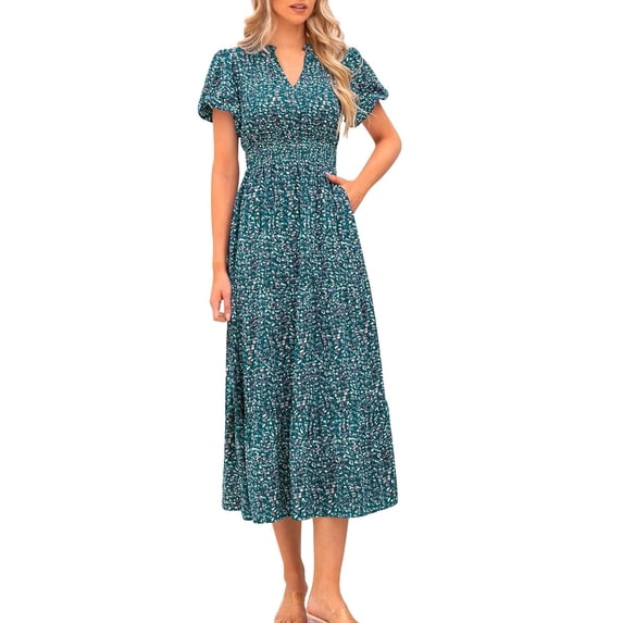 Ruyang Boho Maxi Dress Women's Summer Casual Dress V Neck Short Sleeve Ruffle Ruched Beach Boho Long Floral Maxi Sundress