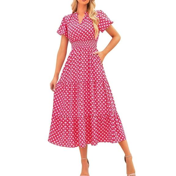 Ruyang Boho Maxi Dress Women's Summer Casual Dress V Neck Short Sleeve Ruffle Ruched Beach Boho Long Floral Maxi Sundress