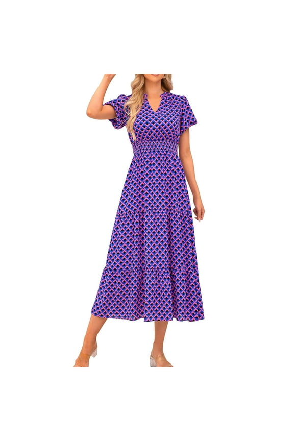 Boho Maxi Dress Women's Summer Casual Dress V Neck Short Sleeve Ruffle Ruched Beach Boho Long Floral Maxi Sundress