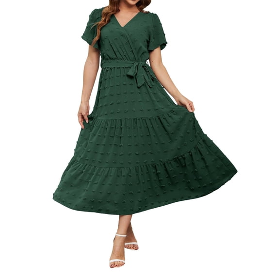 Ruyang Boho Maxi Dress Women's Summer Dresses Polka Dot Long Dress V Neck Flowing Short Sleeved Solid Color Lace Up A Line Dress