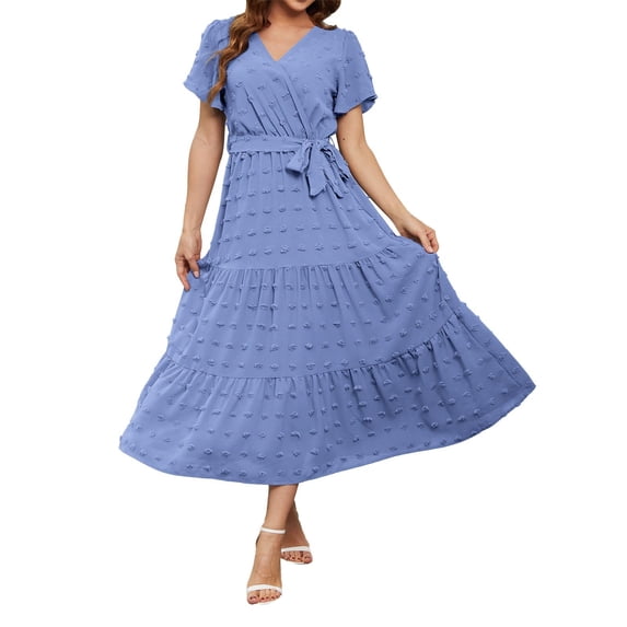 Ruyang Boho Maxi Dress Women's Summer Dresses Polka Dot Long Dress V Neck Flowing Short Sleeved Solid Color Lace Up A Line Dress