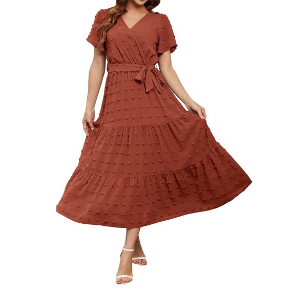Ruyang Boho Maxi Dress Women's Summer Dresses Polka Dot Long Dress V Neck Flowing Short Sleeved Solid Color Lace Up A Line Dress