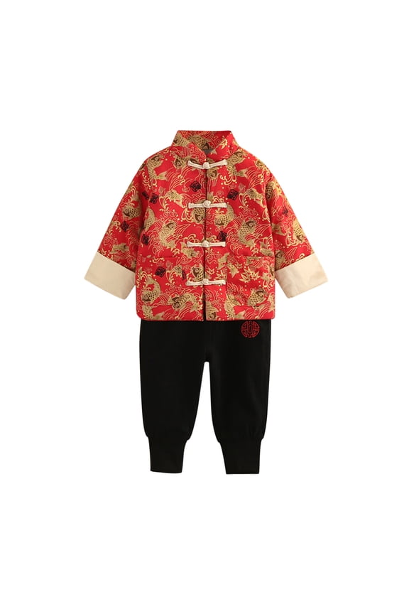 Boy Tang Suit Two Piece Set Chinese Traditional New Year Outfit Stand Collar Long Sleeve Coat Jacket and Pant Set