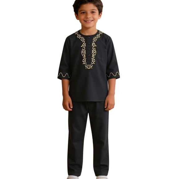 Ruyang Boys Africa Suit Toddler Kids Traditional Long Sleeve Crewneck Embroidery Print Dashiki Shirt and Pants 2 Piece Outfit Set