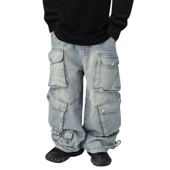 Ruyang Boys Baggy Jeans Cargo Denim Pants Kids Elastic Waist Trousers Flap Pocket Loose Fit Vintage Jeans Clothing Joggers
