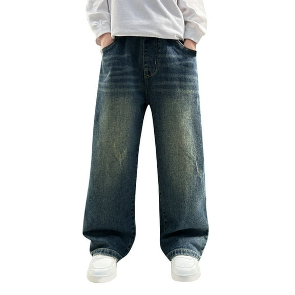 Ruyang Boys Baggy Jeans Elastic Waist Pull On Denim Pants Classic Straight Wide Leg Jeans for Teen Kids Spring Trendy Y2k Stresswear