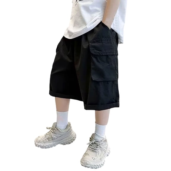 Ruyang Boys Cargo Shorts Summer Wide Leg Baggy Knee Length Shorts Solid Elastic Waist Breathable Casual Shorts with Pockets