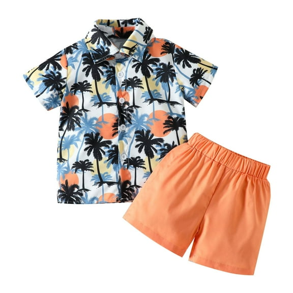 Ruyang Boys Coconut Tree Print Shirts Sets Cute Short Sleeve Button Down Shirt & Shorts Summer Hawaiian Beach Outfits