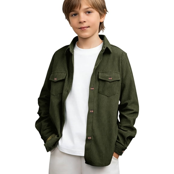 Ruyang Boys Corduroy Shackets School Button Down Shirts Jackets Pocket Lapel Neck Casual Soft Flannel Blouse Tops Spring
