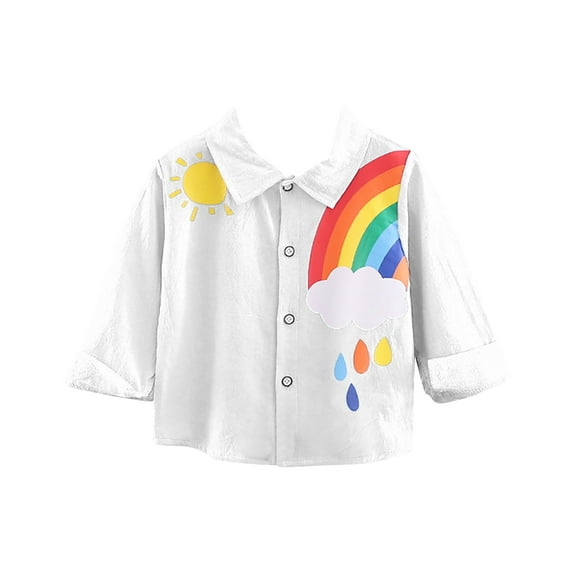 Ruyang Boys Cute Rainbow Print Shirts Hawaiian Long Sleeve Roll Up Button Down Tee Shirt Tops Spring Summer Clothes