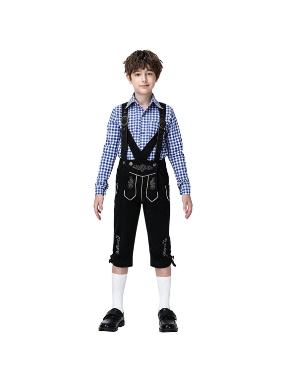 Boys German Oktoberfest Outfits Long Sleeve Bavarian Plaid Shirt with Overalls Traditional Bavarian German Festival 2 Piece Set