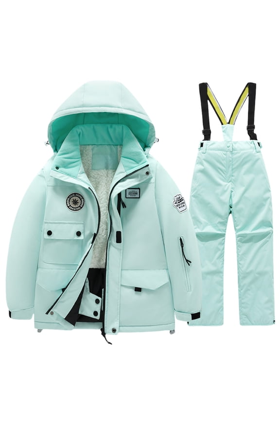 Boys Girls 2 Piece Snowsuit Winter Fleece Lined Snow Suit Padded Warm Windproof Zip Up Hooded Puffer Ski Jacket Set