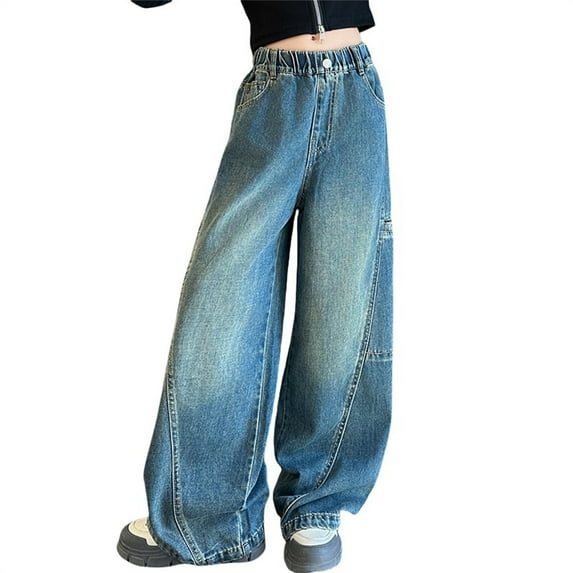 Ruyang Boys Girls Baggy Denim Pants with Pocket Elastic Waist Wide Leg Pants 𝐘2K Hip Hop Jeans All Seasons Casual Wear