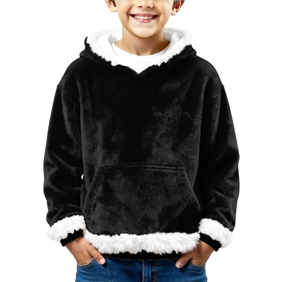 Ruyang Boys Girls Christmas Pullover Hoodies Kids Velvet Fleece Hooded Sweatshirts Fuzzy Trim Y2K Trendy Hoodies
