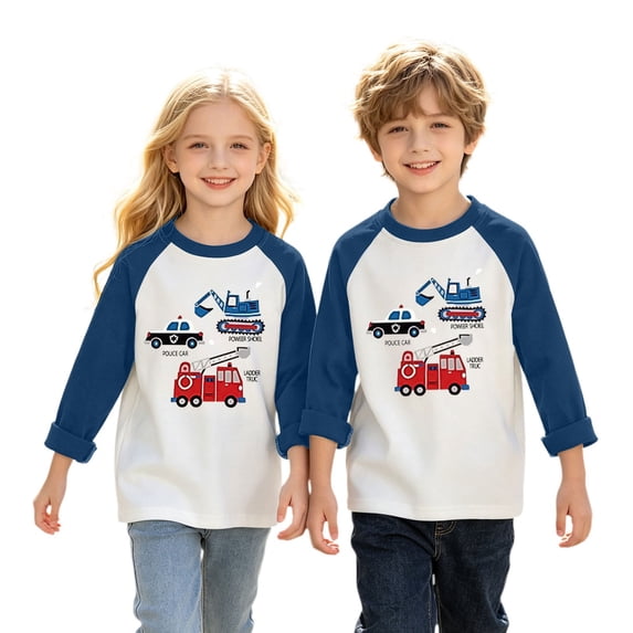 Ruyang Boys Girls Cotton Long Sleeve Shirts Cartoon Print Color Block Casual Tops Kids Classic Crewneck Tees Fall Winter Outfits