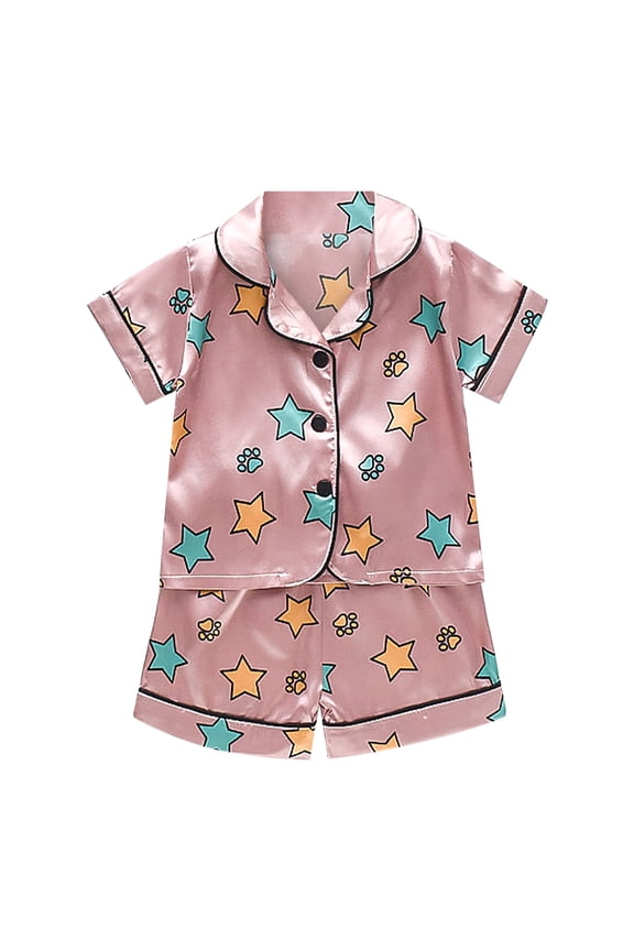 Boys Girls Cute Star Satin Pajama Set Short Sleeve Button Down Nightshirt Shorts Thin Sleepwear 2Pcs Outfits