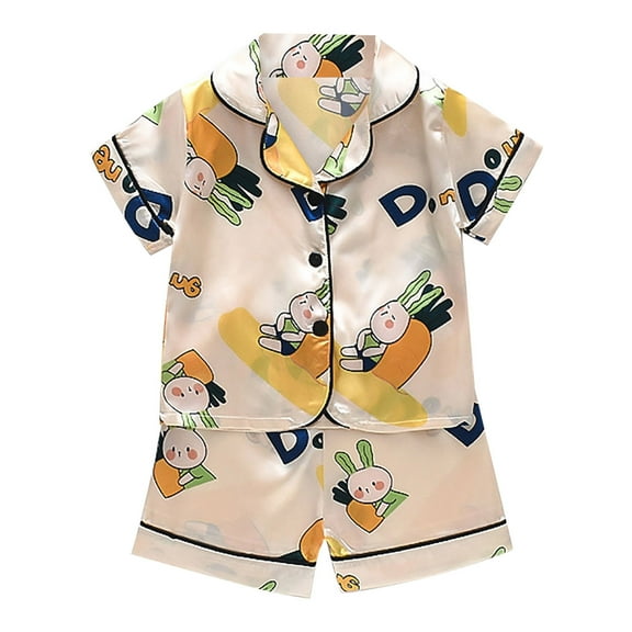 Ruyang Boys Girls Cute Star Satin Pajama Set Short Sleeve Button Down Nightshirt Shorts Thin Sleepwear 2Pcs Outfits