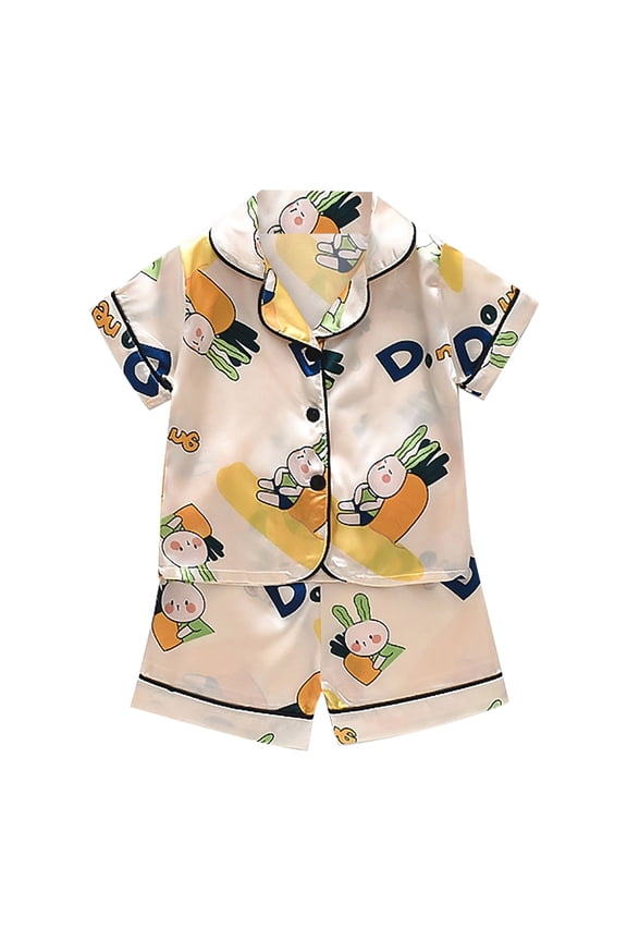 Boys Girls Cute Star Satin Pajama Set Short Sleeve Button Down Nightshirt Shorts Thin Sleepwear 2Pcs Outfits