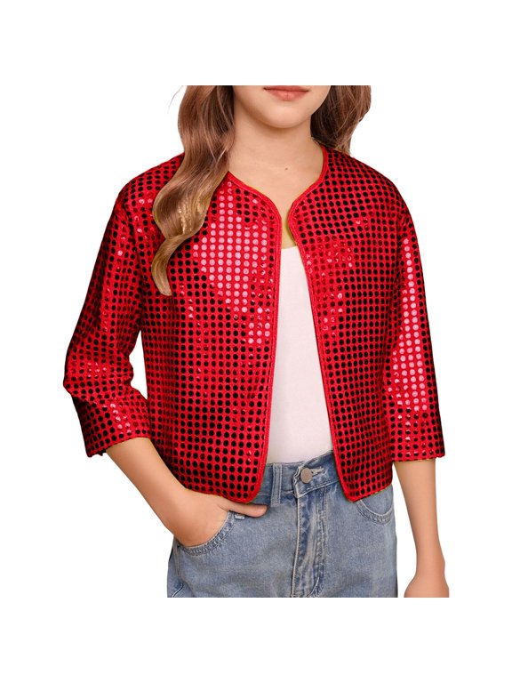 Boys Girls Stage Jacket Sequin Cheerleading Cardigan Long Sleeve Open Front Short Coats Toddler Kids Casual Dance Outer Top