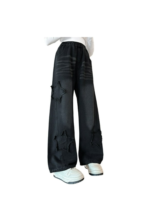 Boys Girls Star Ripped Flare Denim Pants Baggy Elastic High Waist Distressed Applique 𝐘2K Hip Hop Fashion Jeans