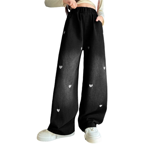 Ruyang Boys Girls Star Ripped Flare Denim Pants Baggy Elastic High Waist Distressed Applique 𝐘2K Hip Hop Fashion Jeans