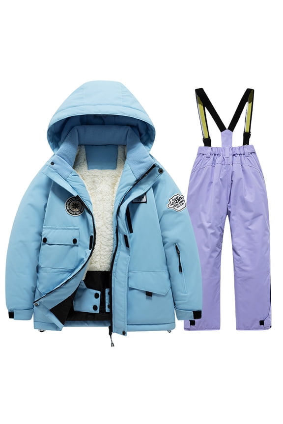 Boys Girls Winter Snowsuit Fleece Lined Snow Suit 2 Piece Outfits Padded Warm Zip Puffer Ski Jacket Overalls Set