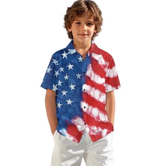 Ruyang Boys Hawaiian 4th of July Tees American Flag Star Stripe Print Short Sleeve Summer Independence Day Beach Vacation T Shirts