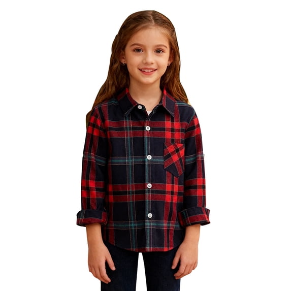 Ruyang Buffalo Plaid Shackets for Kids Flannel Shirts Jackets Boys Girls Button Down Lapel Neck Cozy Blouse Tops Spring