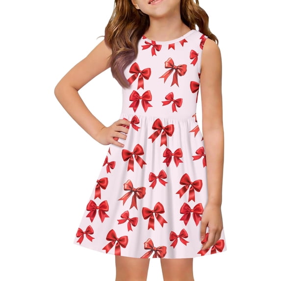Ruyang Casual Dresses for Teen Girls Bow Print Crewneck A Line Swing Dresses Summer Beach Lightweight Sleeveless Sundress
