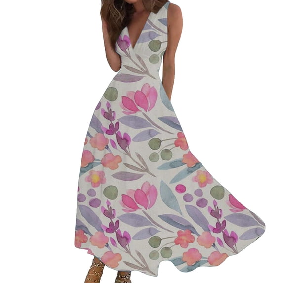 Ruyang Casual Dresses for Women, 2024 Womens Summer Beach Sundress Wrap V Neck Sleeveless Maxi Dress,Trendy Boho Flowy Long Dress